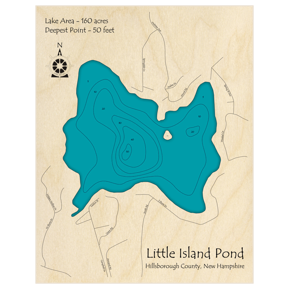 Bathymetric topo map of Little Island Pond with roads, towns and depths noted in blue water