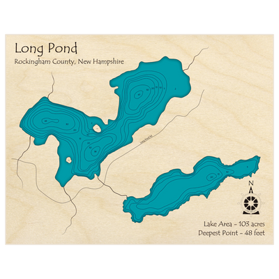 Bathymetric topo map of Long Pond (with Little Bow Pond) with roads, towns and depths noted in blue water
