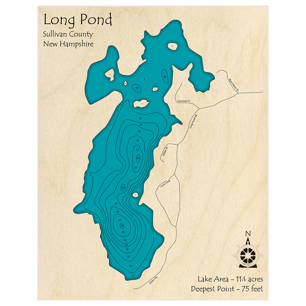 Bathymetric topo map of Long Pond with roads, towns and depths noted in blue water
