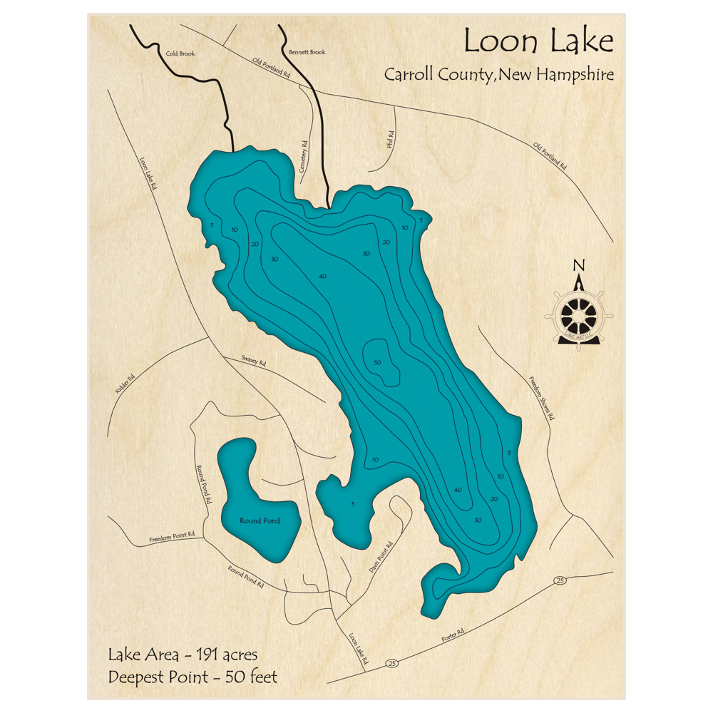 Bathymetric topo map of Loon Lake with roads, towns and depths noted in blue water