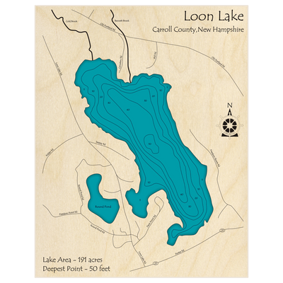 Bathymetric topo map of Loon Lake with roads, towns and depths noted in blue water