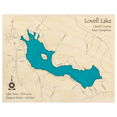 Bathymetric topo map of Lovell Lake with roads, towns and depths noted in blue water