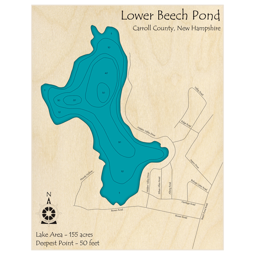 Bathymetric topo map of Lower Beech Pond with roads, towns and depths noted in blue water