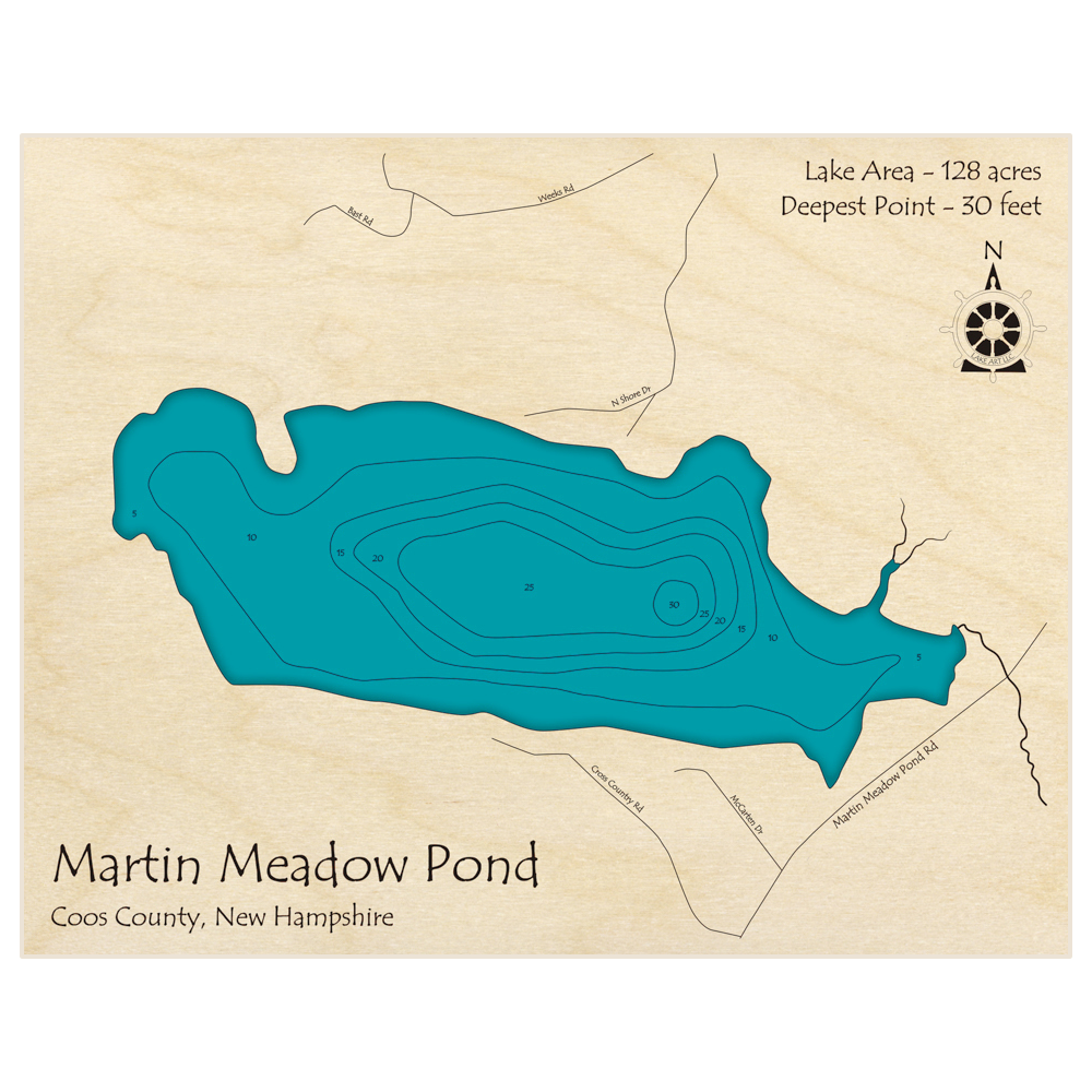Bathymetric topo map of Martin Meadow Pond with roads, towns and depths noted in blue water