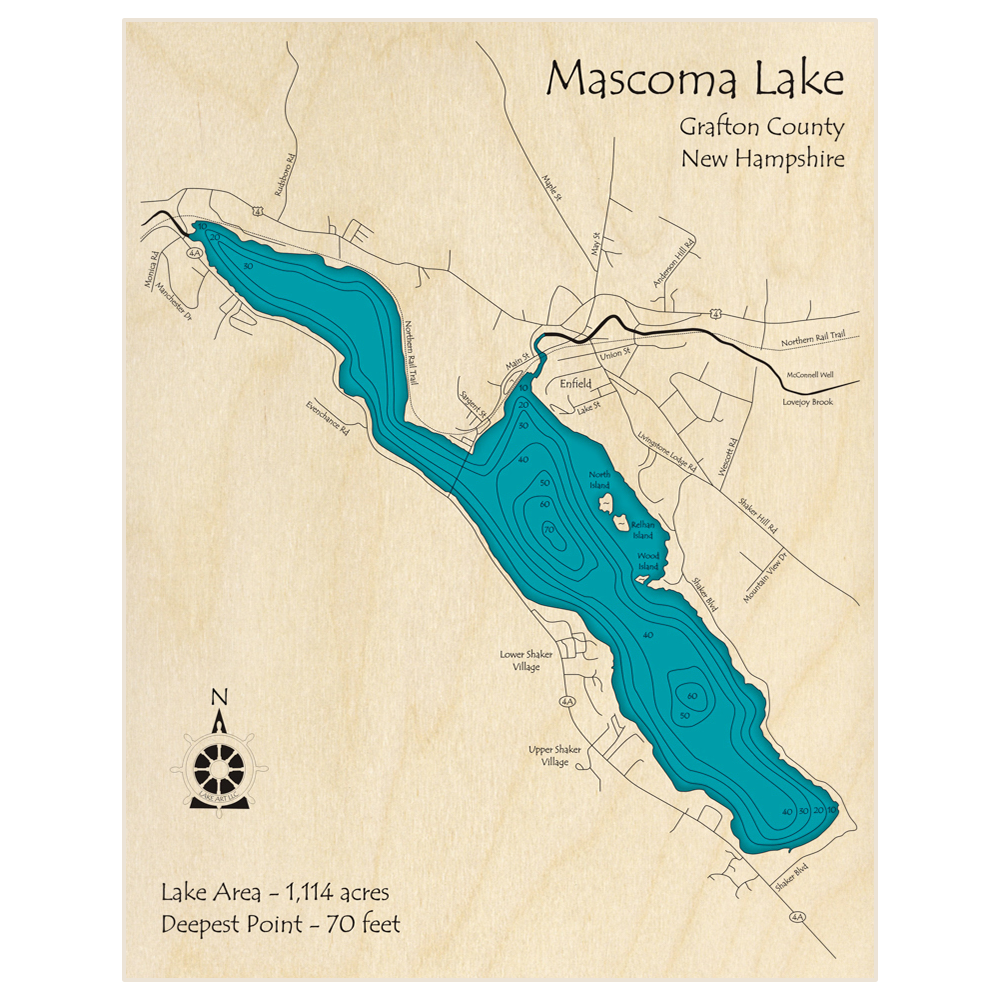 Bathymetric topo map of Mascoma Lake with roads, towns and depths noted in blue water
