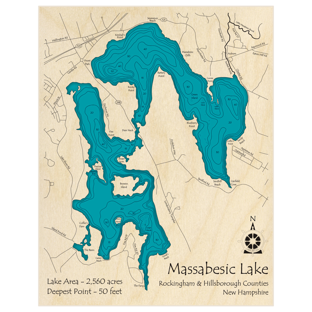 Bathymetric topo map of Massabessic Lake with roads, towns and depths noted in blue water