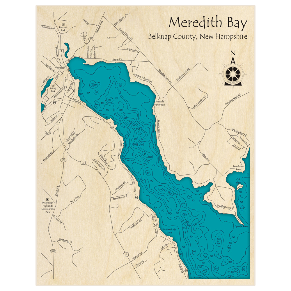 Bathymetric topo map of Meredith Bay with roads, towns and depths noted in blue water
