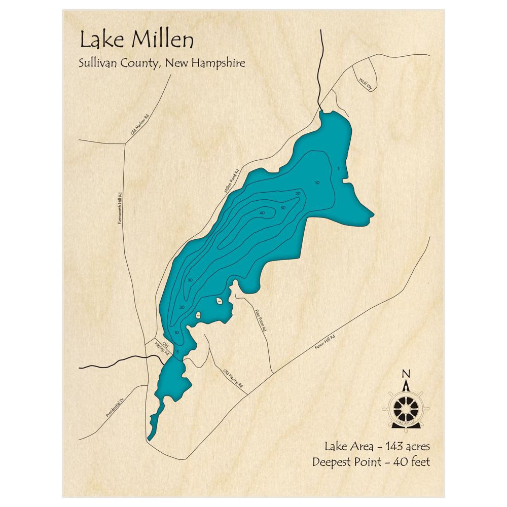 Bathymetric topo map of Lake Millen with roads, towns and depths noted in blue water