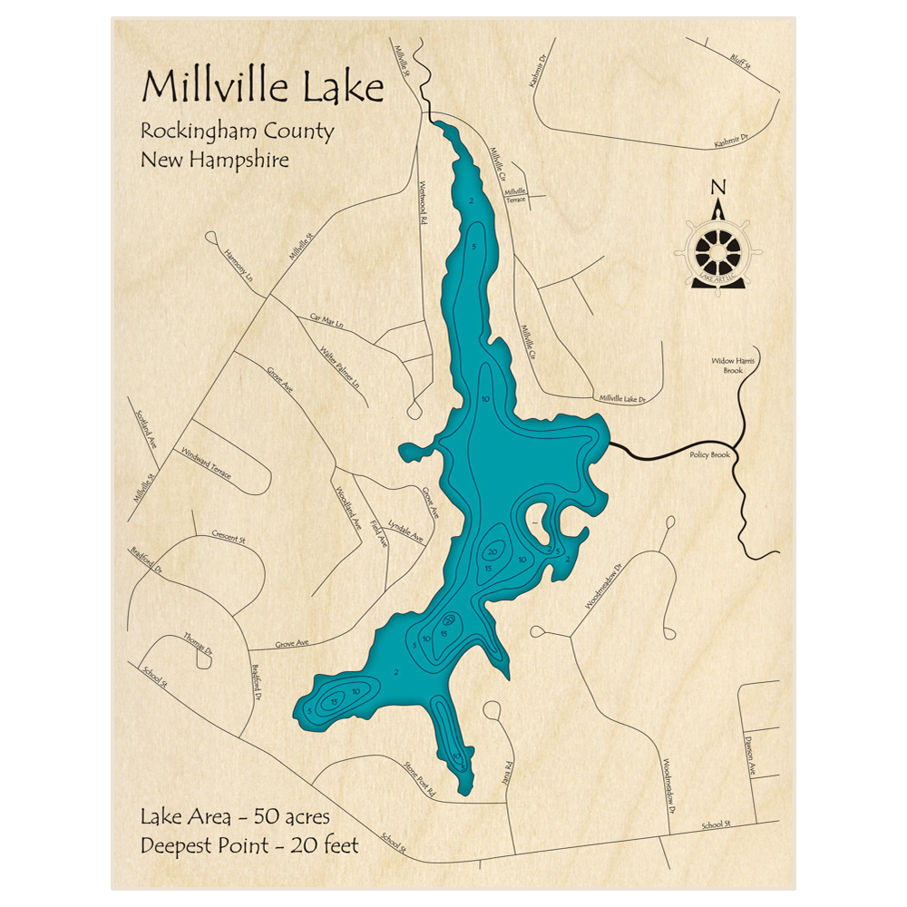 Bathymetric topo map of Millville Lake with roads, towns and depths noted in blue water