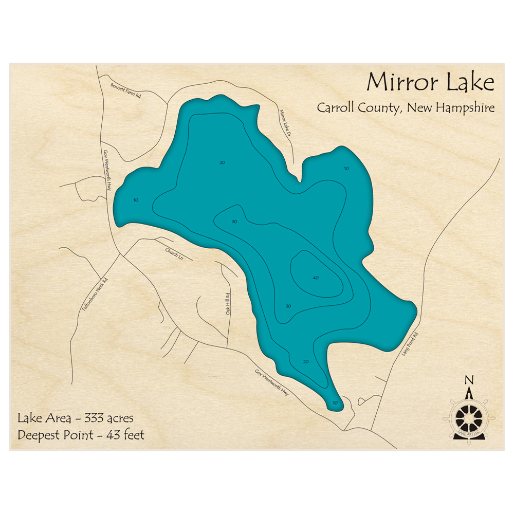 Bathymetric topo map of Mirror Lake with roads, towns and depths noted in blue water