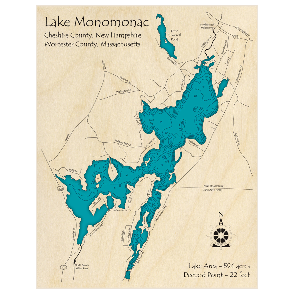 Bathymetric topo map of Monomonac Lake with roads, towns and depths noted in blue water