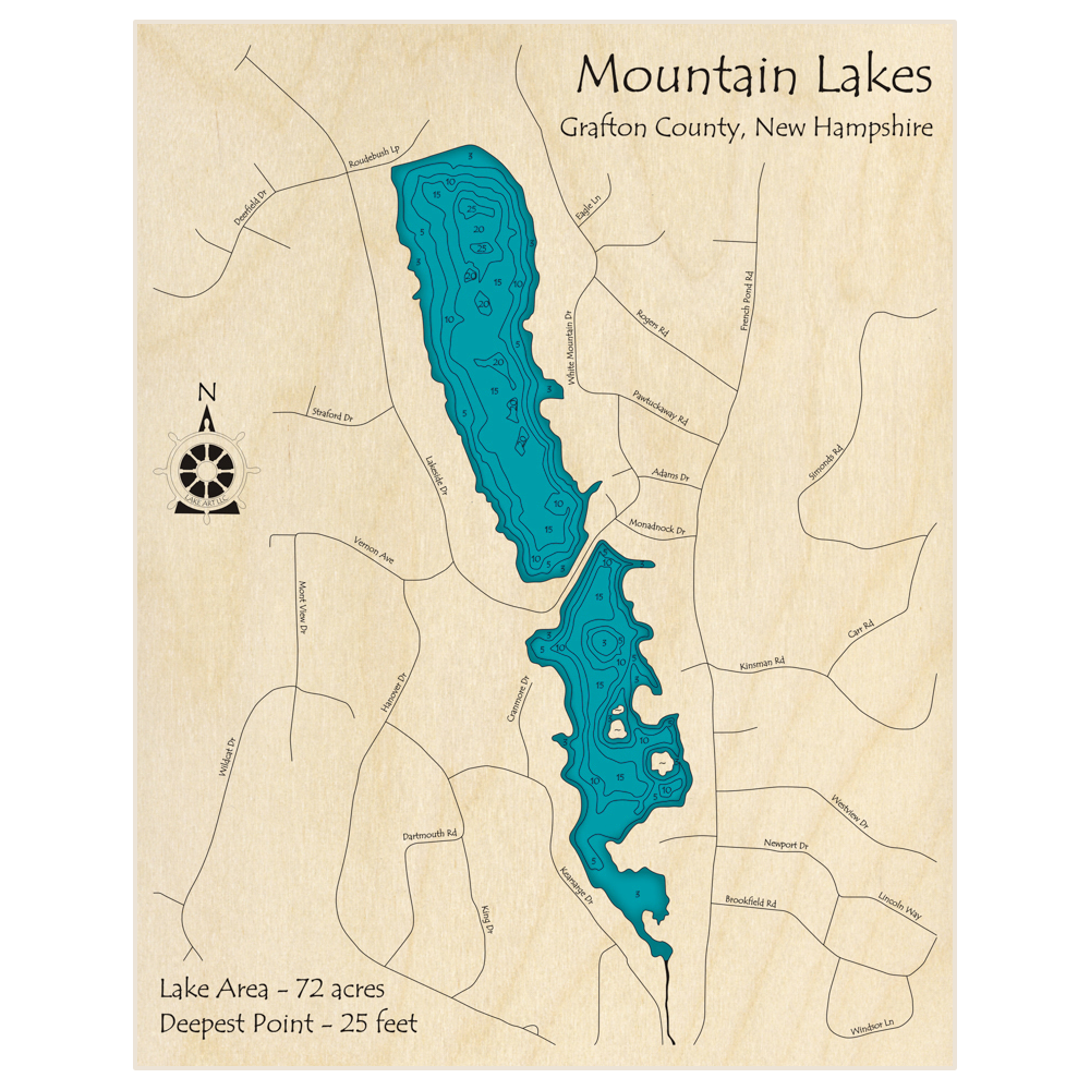 Bathymetric topo map of Mountain Lakes with roads, towns and depths noted in blue water