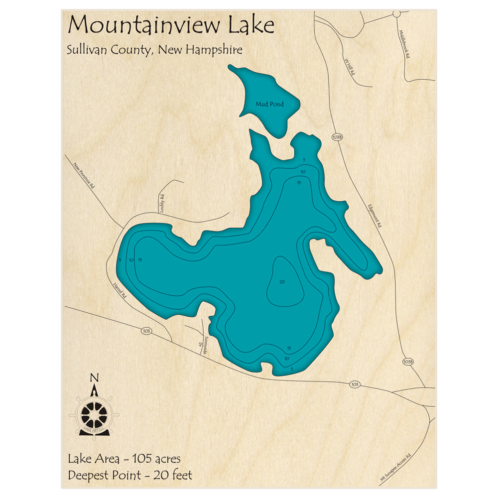 Bathymetric topo map of Mountainview Lake with roads, towns and depths noted in blue water