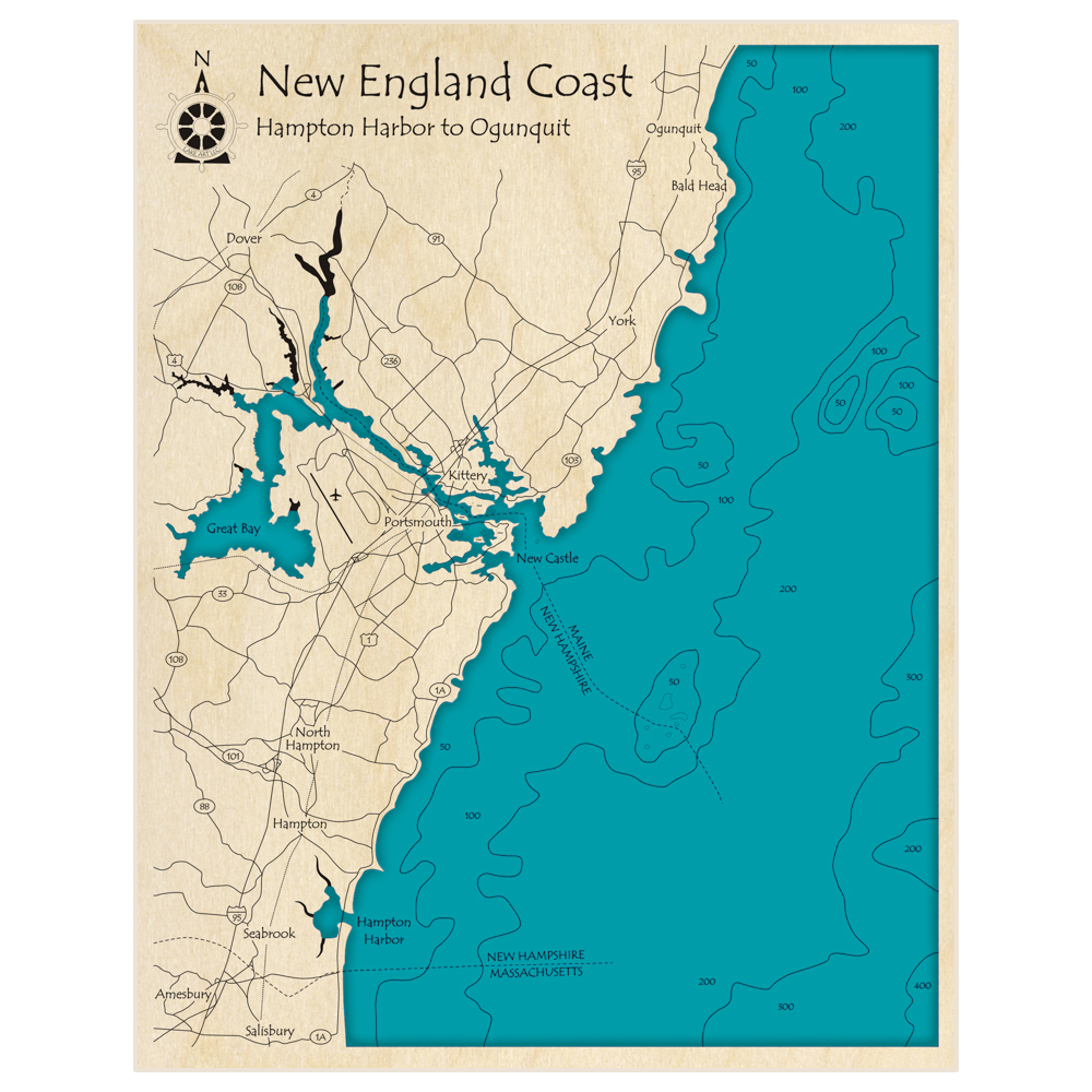 Bathymetric topo map of New England Coast (From Hampton Harbor to Ogunquit) with roads, towns and depths noted in blue water