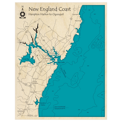 Bathymetric topo map of New England Coast (From Hampton Harbor to Ogunquit) with roads, towns and depths noted in blue water