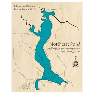 Bathymetric topo map of Northeast Pond with roads, towns and depths noted in blue water