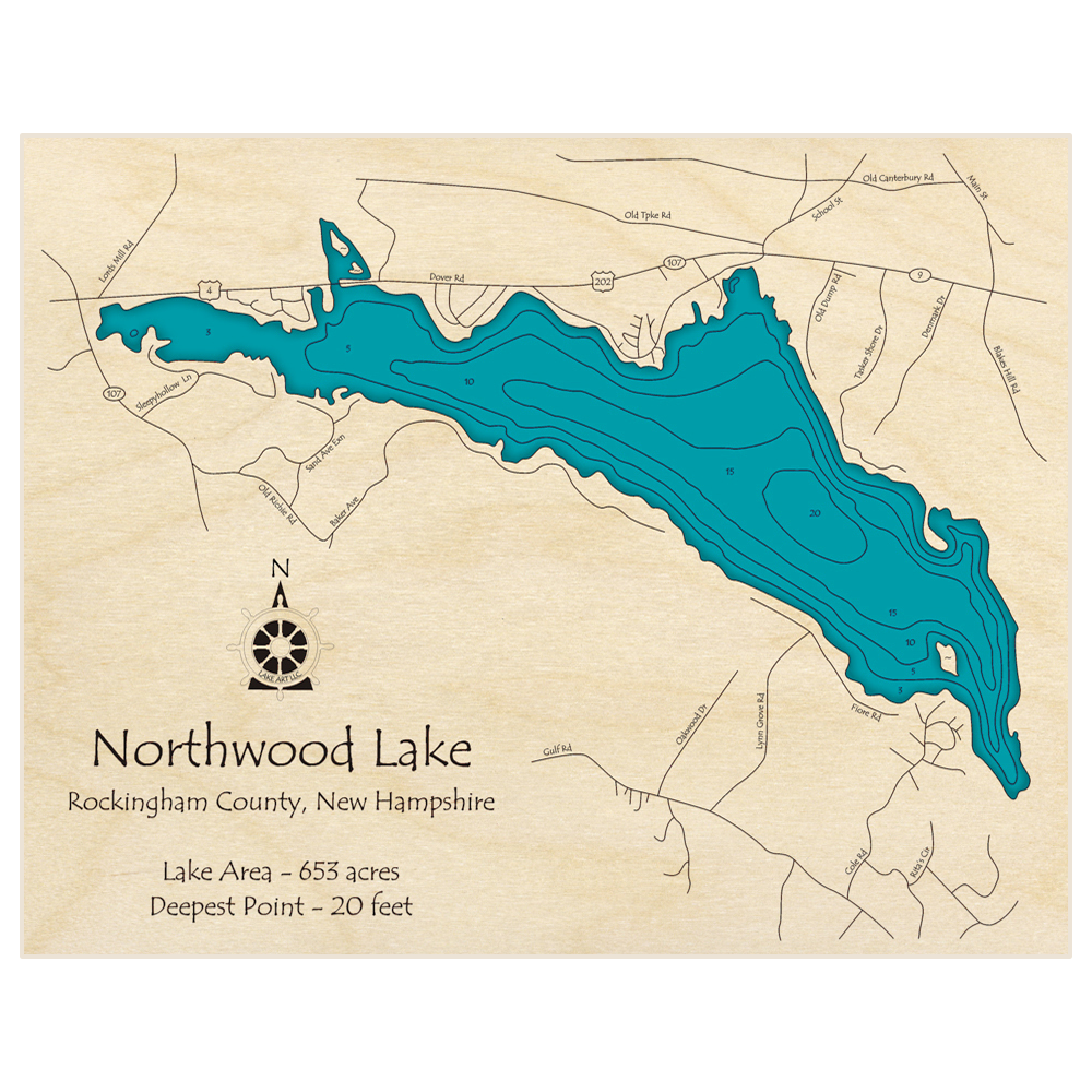 Bathymetric topo map of Northwood Lake with roads, towns and depths noted in blue water