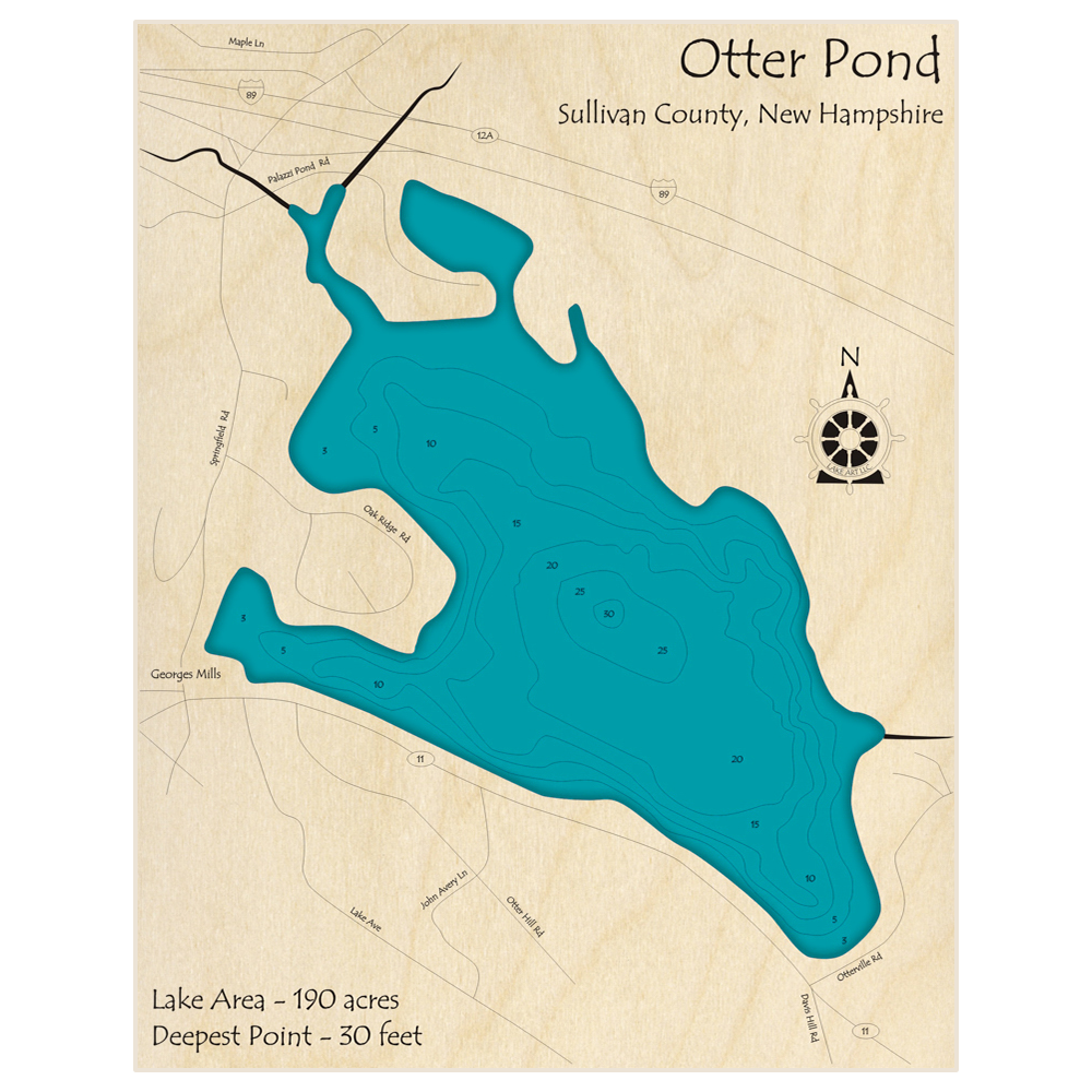 Bathymetric topo map of Otter Pond with roads, towns and depths noted in blue water