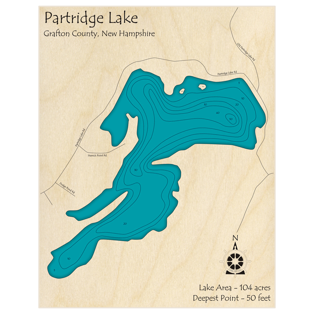 Bathymetric topo map of Partridge Lake with roads, towns and depths noted in blue water