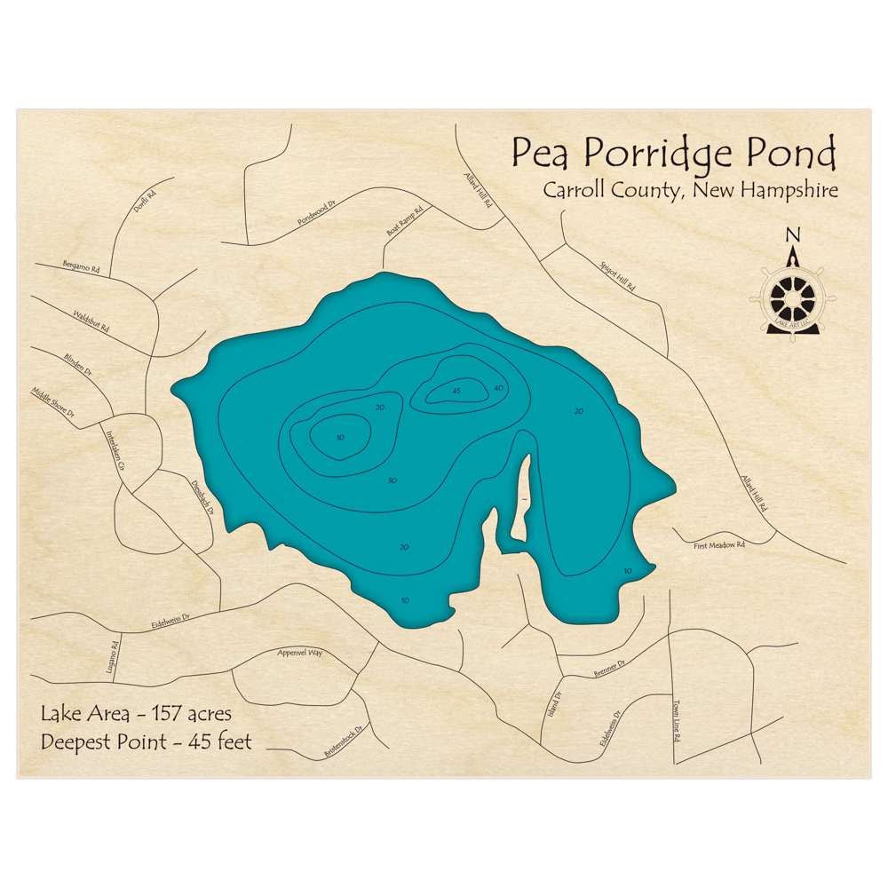 Bathymetric topo map of Pea Porridge Pond (Only Big Pea Porridge) with roads, towns and depths noted in blue water