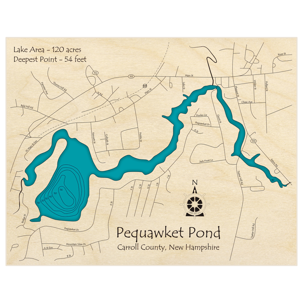 Bathymetric topo map of Pequawket Pond with roads, towns and depths noted in blue water