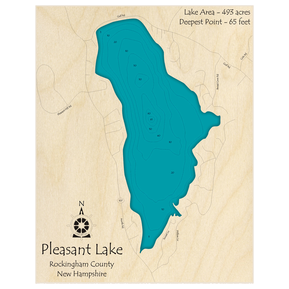 Bathymetric topo map of Pleasant Lake with roads, towns and depths noted in blue water