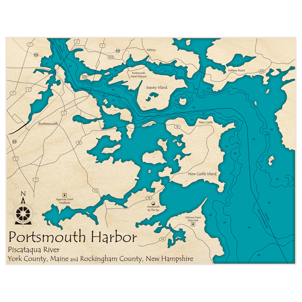Bathymetric topo map of Portsmouth Harbor with roads, towns and depths noted in blue water