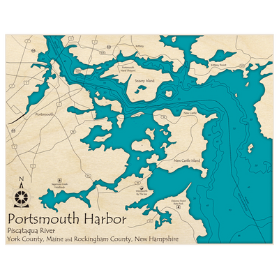 Bathymetric topo map of Portsmouth Harbor with roads, towns and depths noted in blue water