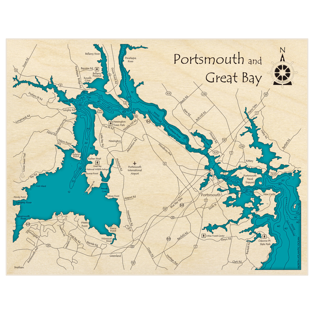 Bathymetric topo map of Portsmouth Harbor and Great Bay with roads, towns and depths noted in blue water