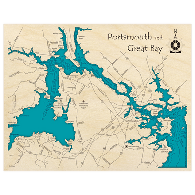Bathymetric topo map of Portsmouth Harbor and Great Bay with roads, towns and depths noted in blue water