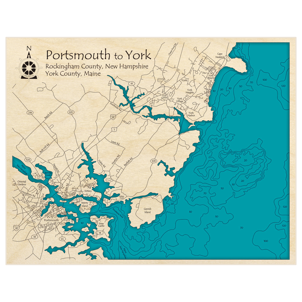Bathymetric topo map of Portsmouth to York with roads, towns and depths noted in blue water