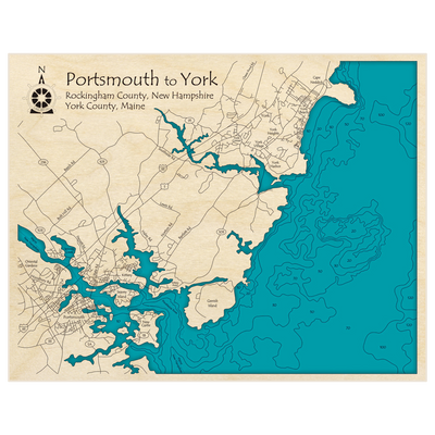 Bathymetric topo map of Portsmouth to York with roads, towns and depths noted in blue water