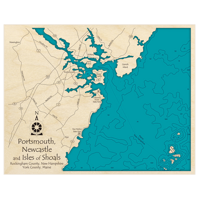 Bathymetric topo map of Newcastle and Portsmouth with Isles of Shoals with roads, towns and depths noted in blue water