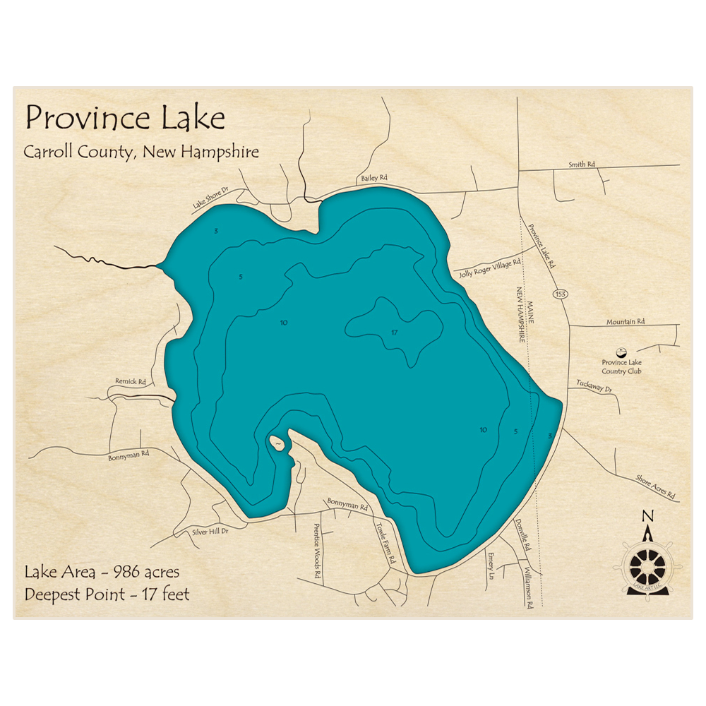 Bathymetric topo map of Province Lake with roads, towns and depths noted in blue water