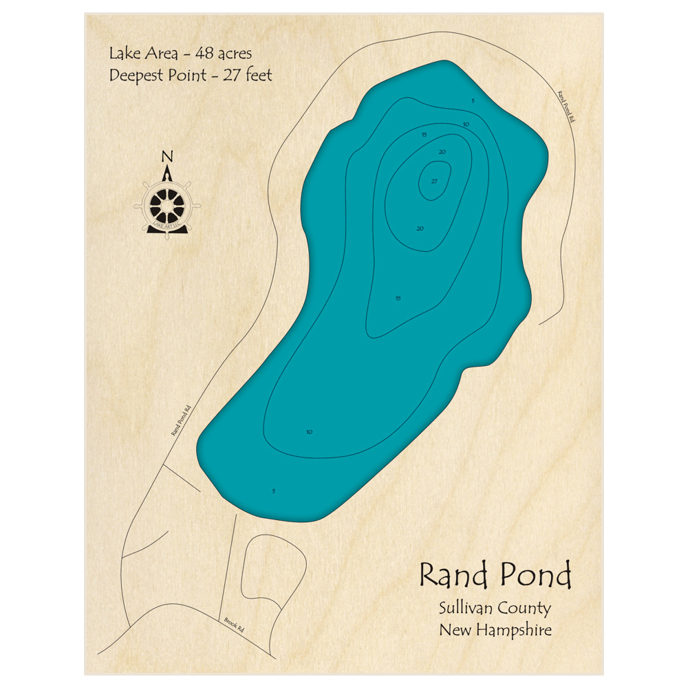 Bathymetric topo map of Rand Pond with roads, towns and depths noted in blue water