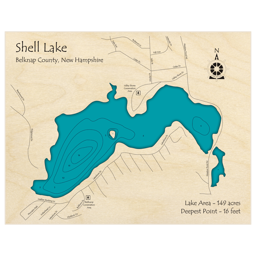 Bathymetric topo map of Shell Lake with roads, towns and depths noted in blue water