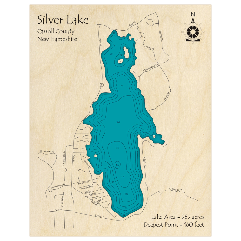 Bathymetric topo map of Silver Lake with roads, towns and depths noted in blue water