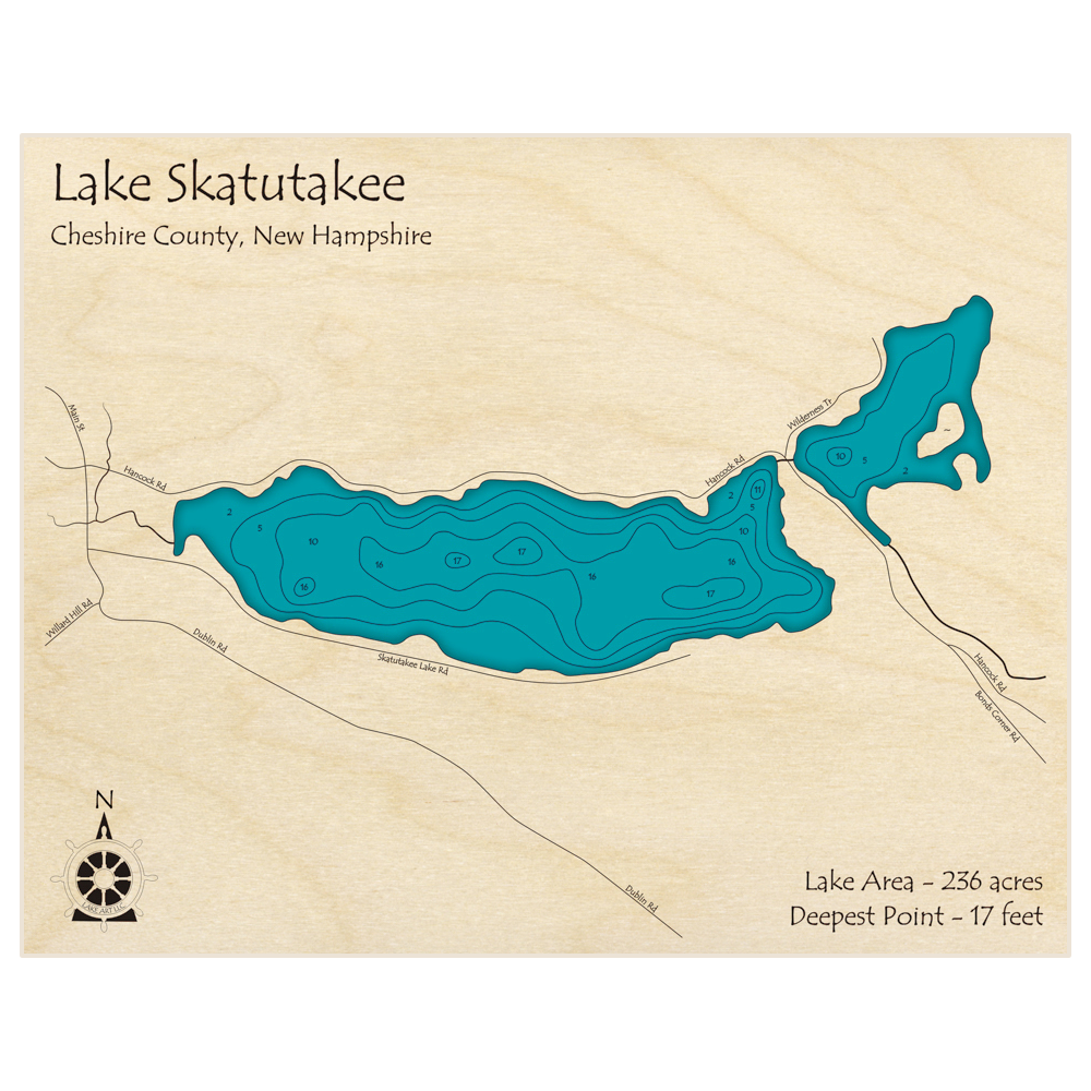 Bathymetric topo map of Lake Skatutakee with roads, towns and depths noted in blue water