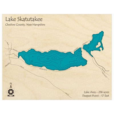 Bathymetric topo map of Lake Skatutakee with roads, towns and depths noted in blue water