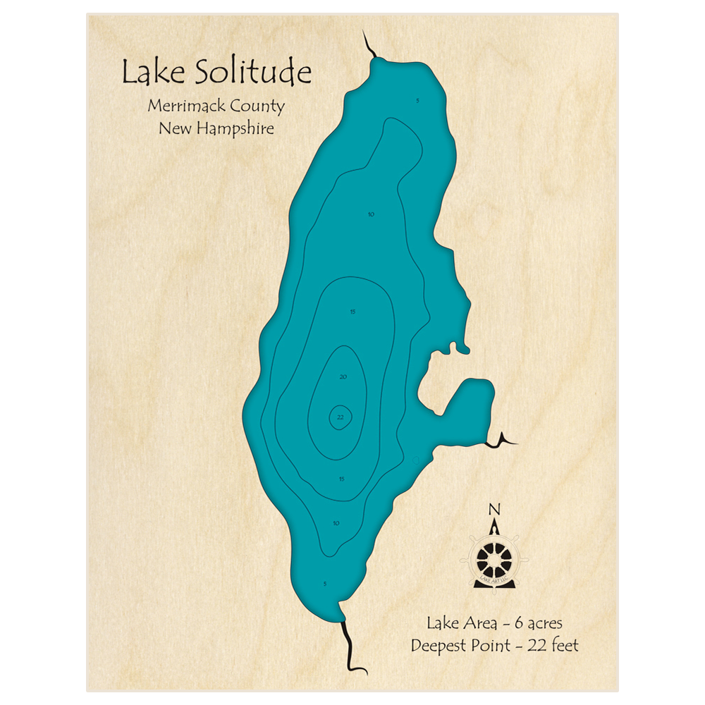 Bathymetric topo map of Lake Solitude with roads, towns and depths noted in blue water