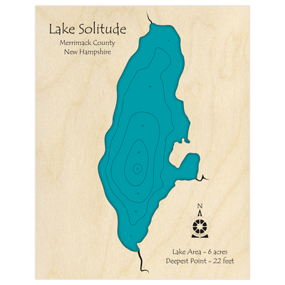 Bathymetric topo map of Lake Solitude with roads, towns and depths noted in blue water