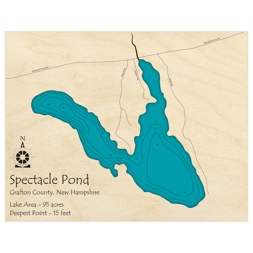 Bathymetric topo map of Spectacle Pond (Near Enfield) with roads, towns and depths noted in blue water
