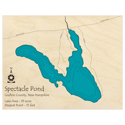 Bathymetric topo map of Spectacle Pond (Near Enfield) with roads, towns and depths noted in blue water