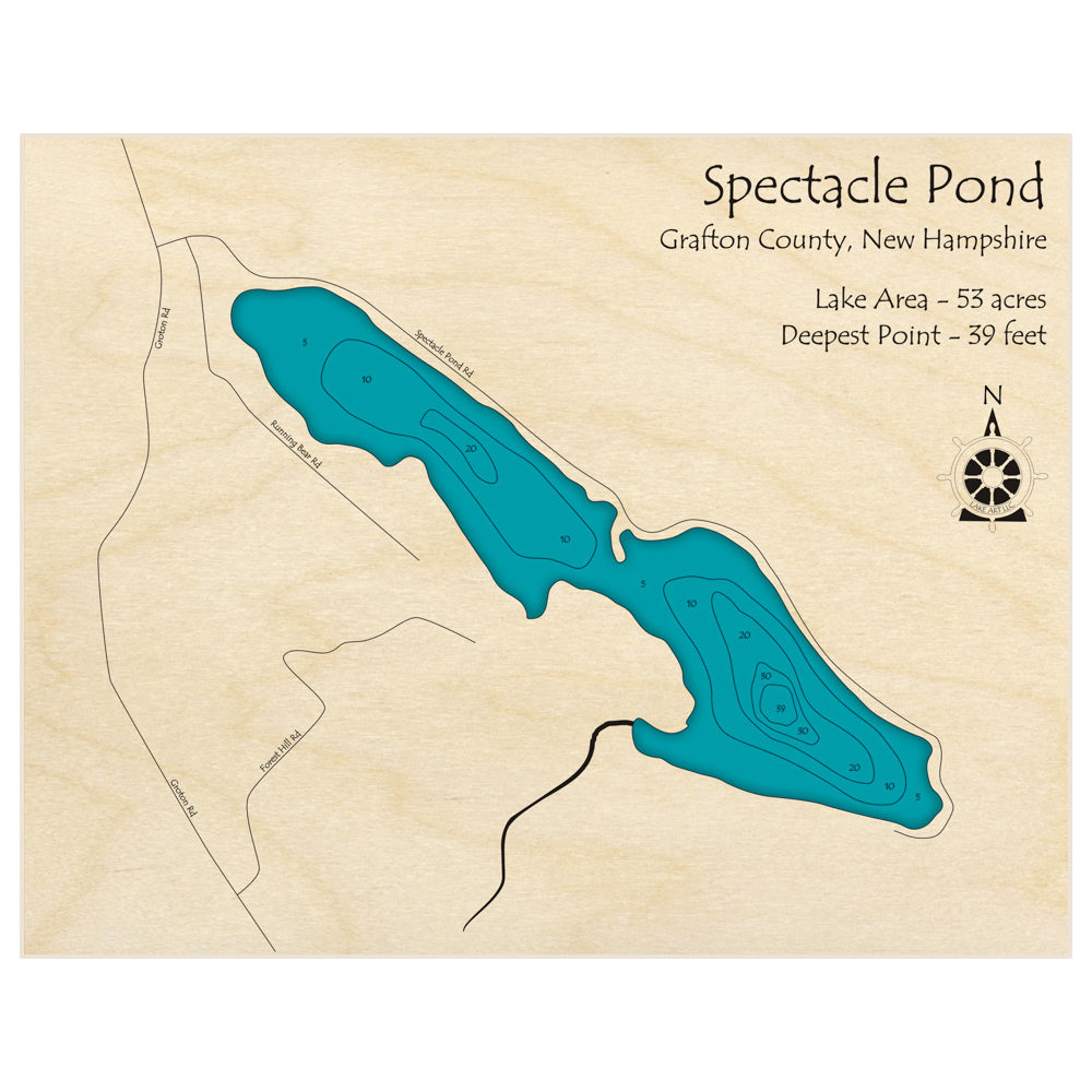 Bathymetric topo map of Spectacle Pond (Near Groton Hebron) with roads, towns and depths noted in blue water