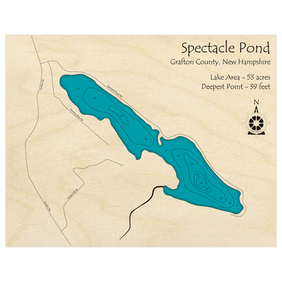 Bathymetric topo map of Spectacle Pond (Near Groton Hebron) with roads, towns and depths noted in blue water