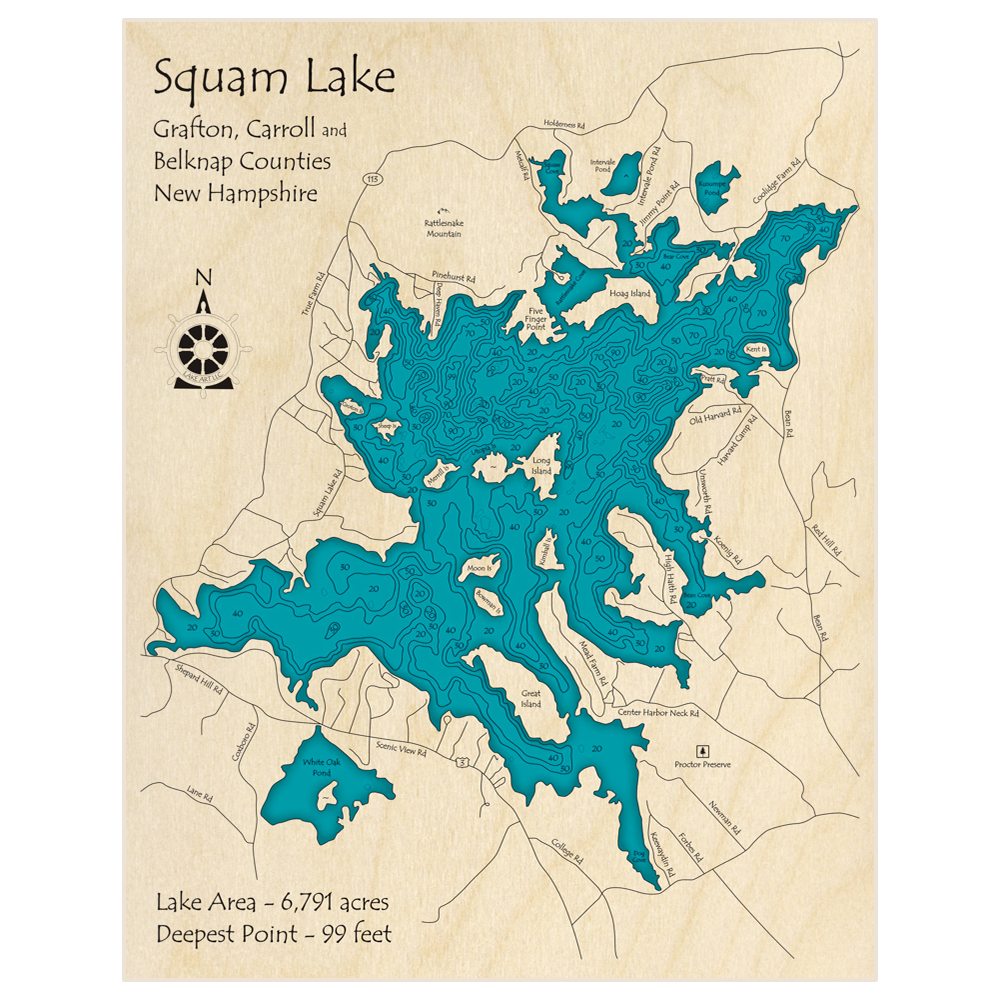 Bathymetric topo map of Squam Lake with roads, towns and depths noted in blue water