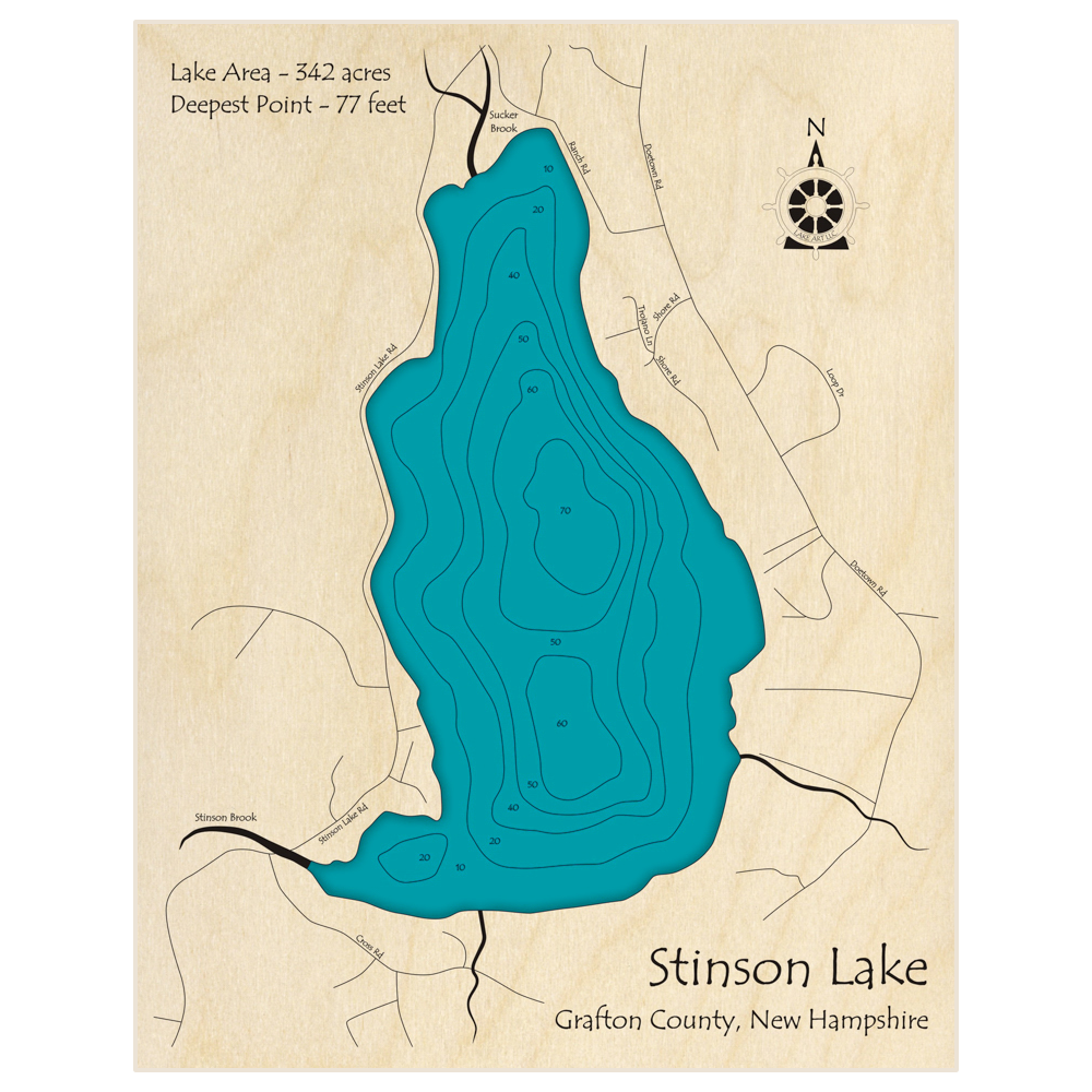Bathymetric topo map of Stinson Lake with roads, towns and depths noted in blue water