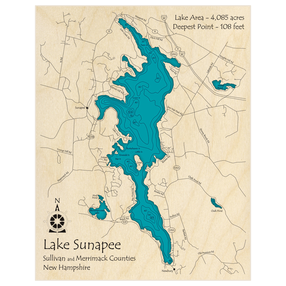 Bathymetric topo map of Lake Sunapee with roads, towns and depths noted in blue water