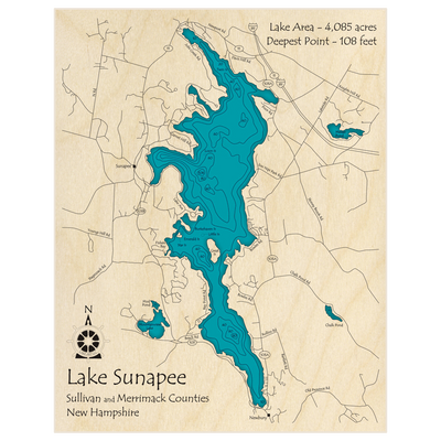 Bathymetric topo map of Lake Sunapee with roads, towns and depths noted in blue water