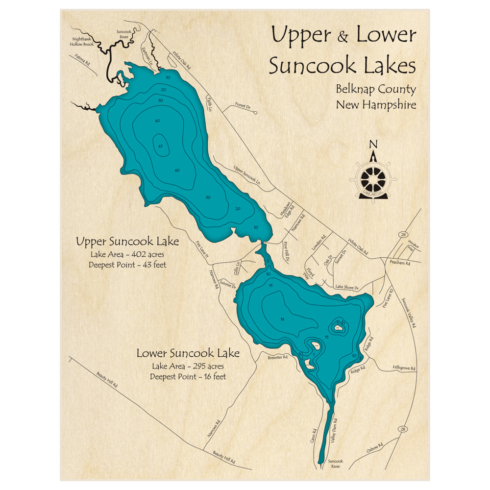 Bathymetric topo map of Suncook Lakes (Upper and Lower Lakes) with roads, towns and depths noted in blue water